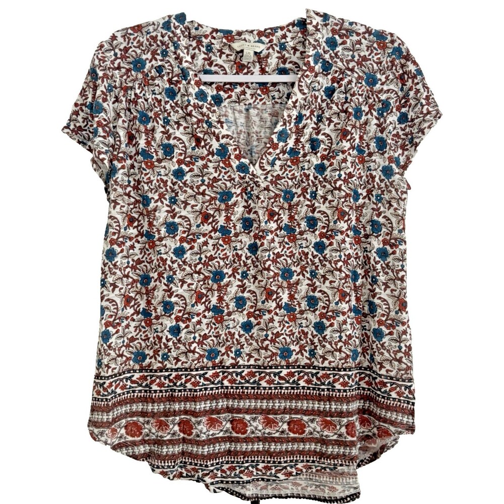 LUCKY BRAND T-Shirt Womens Large V-Neck Short Sleeve Cotton Blend Floral Boho